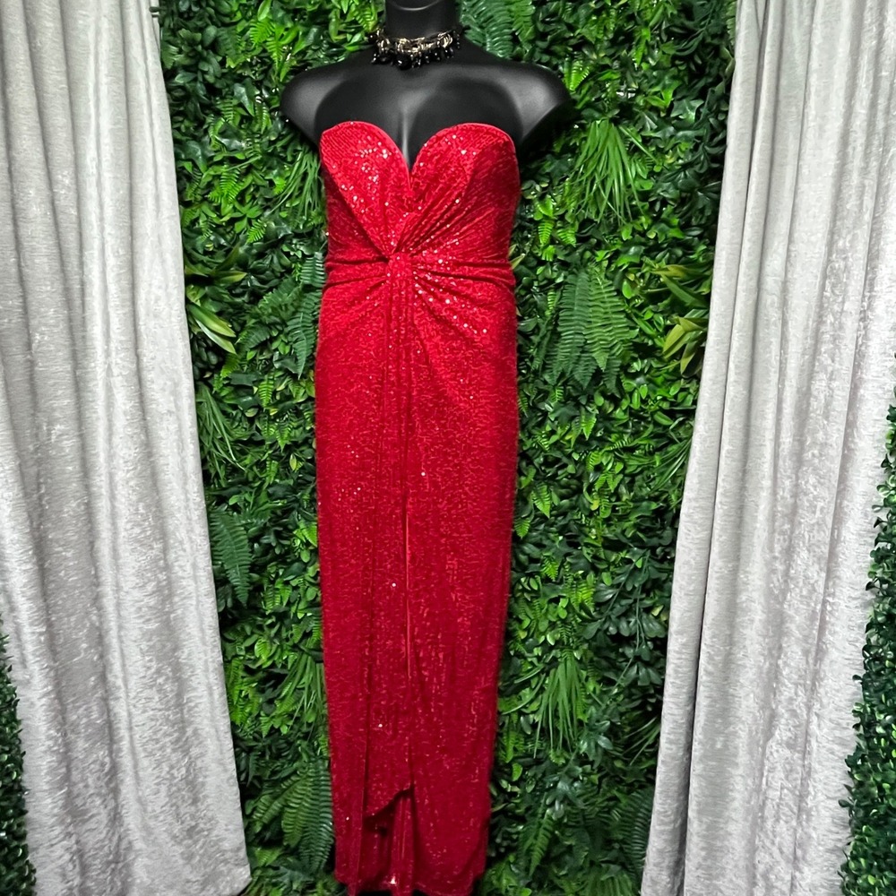 Fashion Nova Dress 1X Red Sequin Strapless Twist Front Maxi Formal Gown NEW 4165